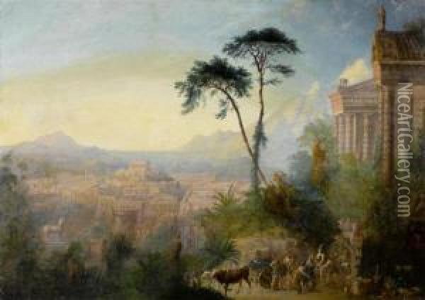 Large View Of Troy With Figures In The Foreground Oil Painting - Sydney Herbert