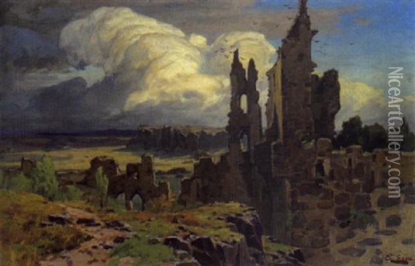 Ruinen Vor Weiter Wolkenverhangener Landschaft Oil Painting - Theodor Groll