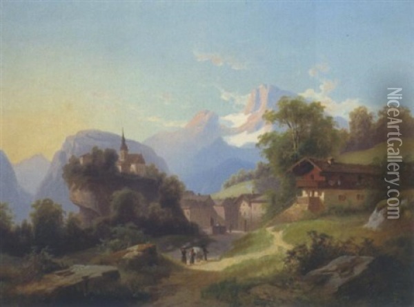 Gebirgsdorf Mit Einer Kirche Auf Einer Felskuppe Oil Painting - Theodore von Ehrmanns