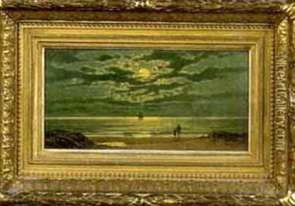 Moonlight Scene Of Figures On A Shore Oil Painting - Clinton Loveridge