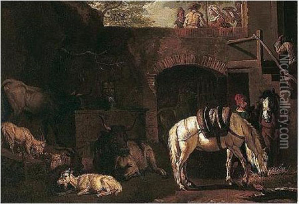 Cattle, Sheep And Horses Resting Beside A Drinking Trough Within A Town Wall Oil Painting - Pieter van Bloemen