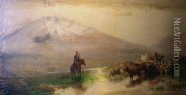Cattle And Horsemen By An Alpine River Oil Painting - Martinus Christian Schenck