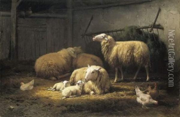 Moutons Et Poules Dans L'etable Oil Painting - Eugene Remy Maes