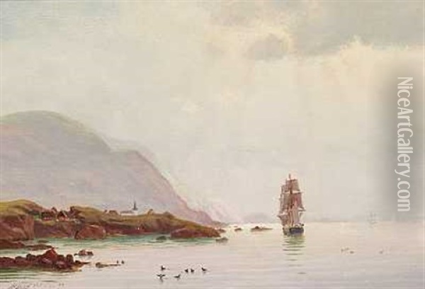 Marine Med Sejlskib Ud For En Klippekyst (norge?) Oil Painting - Alfred Olsen