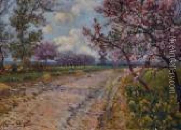 Chemin Borde D'arbres En Fleur Oil Painting - Eugene Chigot