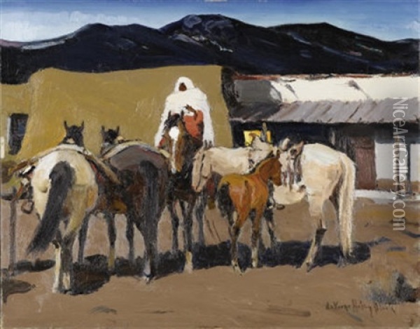 Night Out In Taos - Taos Indian Night Watch Oil Painting - Laverne Nelson Black