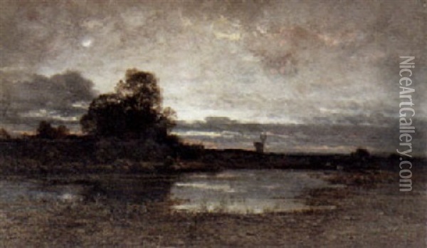 Evening River Landscape Oil Painting - Julius Schoenrock