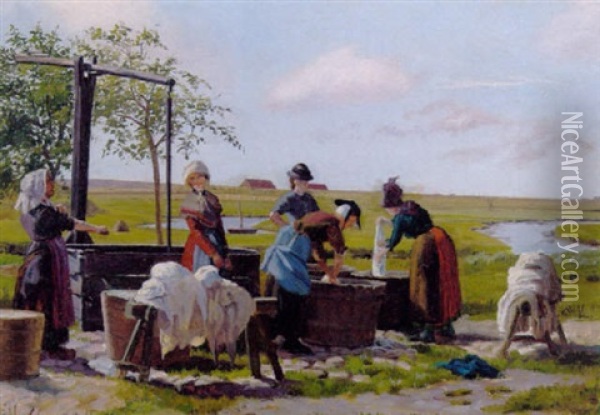 Unge Kvinder, Der Vasker Toj Ved En Brond Oil Painting - Emilie (Caroline E.) Mundt