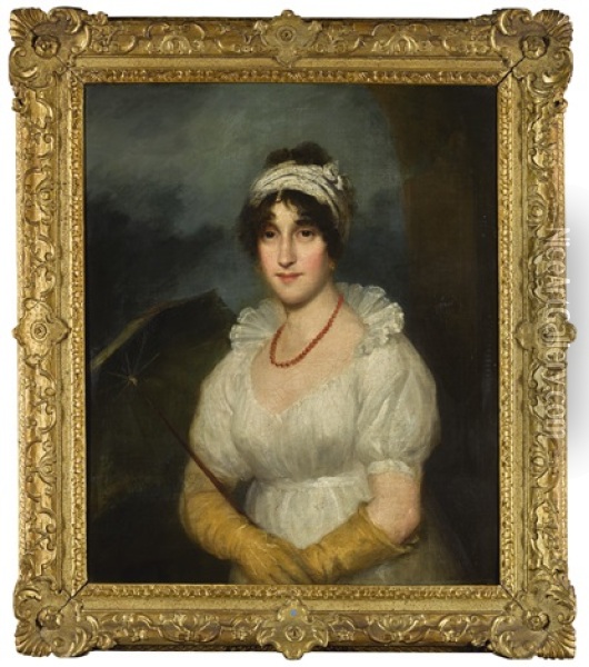 Portrait Of A Lady, Half Length, Wearing A White Dress And Turban With A Coral Necklace, Holding A Parasol Oil Painting - William Owen