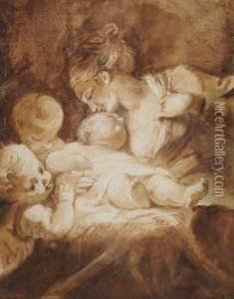Junge Frau, Im Begriff, Ein Kind Zu
Stillen, Und Zwei Kleinkinder (madonna Mit Kind
 Und Zwei Engeln ?). Oil Painting - Jean-Honore Fragonard
