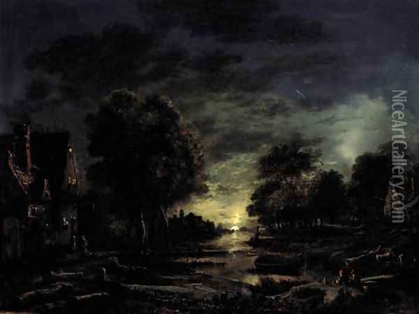 A moonlight river landscdape with two men resting on the bank Oil Painting - Aert van der Neer