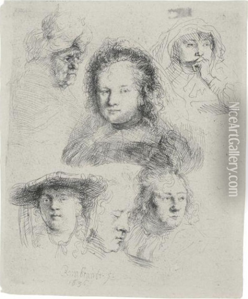 The Head Of Saskia And Other Heads Oil Painting - Rembrandt Van Rijn