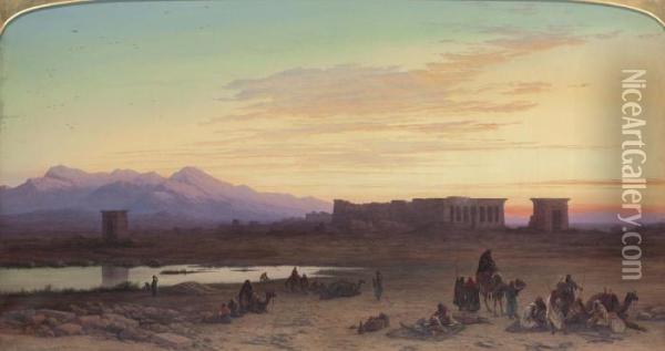 Bedouin Encampment Before The Temple Of Hathor At Dendera, Egypt Oil Painting - Charles Vacher