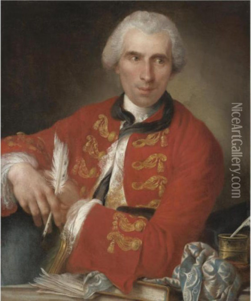 Portrait Of A Gentleman, Half 
Length, Said To Be A Member Of The French Academy In Rome, Seated At His
 Desk, Wearing A Red Coat With White Chemise, Holding A Quill, A Letter 
And A Book In Front Of Him Oil Painting - Louis Gabriel Blanchet