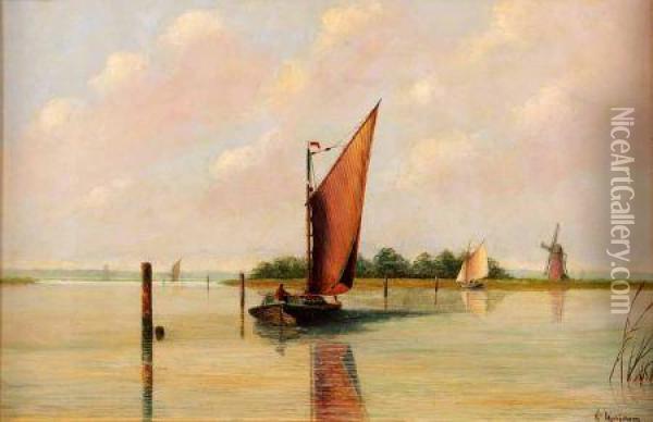 Broadland Landscape With Sailing Boats And Windmill Oil Painting - William Marjoram