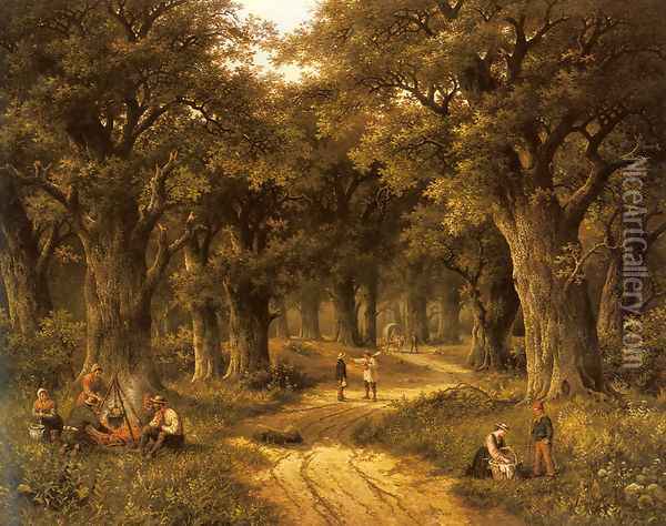 Peasants Preparing a Meal near a Wooded Path Oil Painting - Hendrik Barend Koekkoek