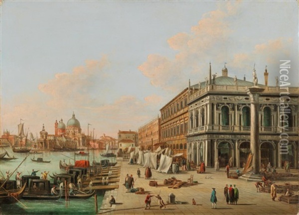 The Molo By The Biblioteca Marciana Facing The Entrance Of The Canal Grande Oil Painting - Giuseppe Bernardino Bison
