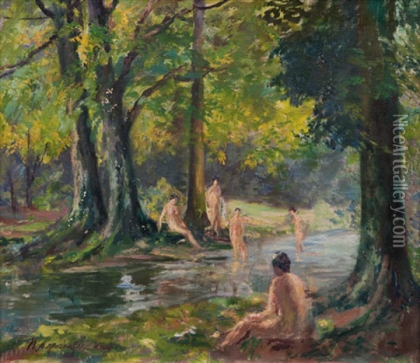 Nudes By A Creek Oil Painting - Max Mayrshofer