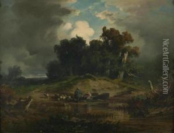Ein Schaferpaar Mit Herde Bei Gewitter In Den Isarauen. Oil Painting - August Seidel