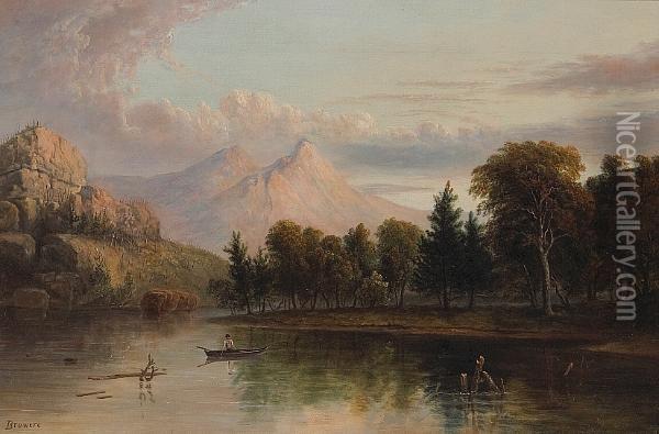 A Lone Figure In A Rowboat With Mountains Beyond Oil Painting - Albertus Orient Del Browere