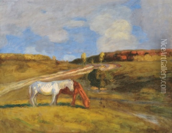 Landscape With Horses Oil Painting - Bela Ivanyi Gruenwald