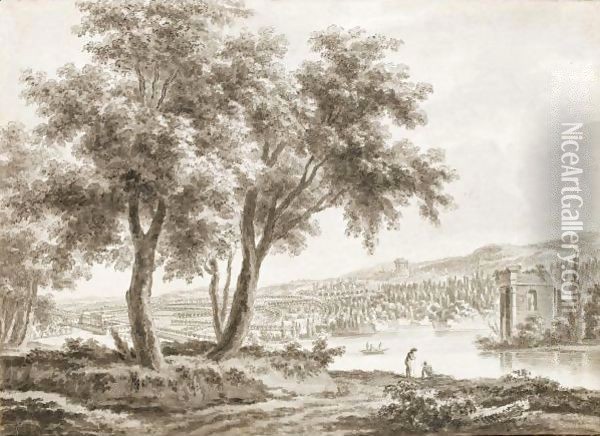 View Across A Landscaped Park, With A Country House To The Left And Figures By A Lake To The Right Oil Painting - Jacques Rigaud