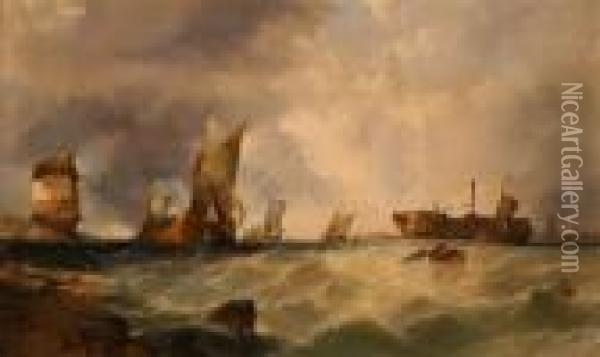 Coastal View With Sailing Vessels And Barges Near A Tower Oil Painting - Alfred Montague