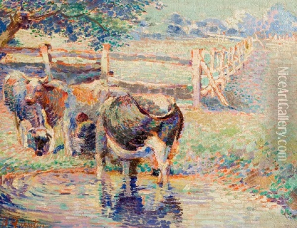 La Traite Des Vaches Pres De L'abreuvoir Oil Painting - Henri Quantin