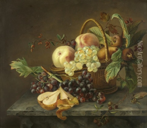 Fruchtestilleben Mit Pfirsichen, Trauben, Beeren Und Birnen Oil Painting - Jeanne Marie Josephine Hellemans