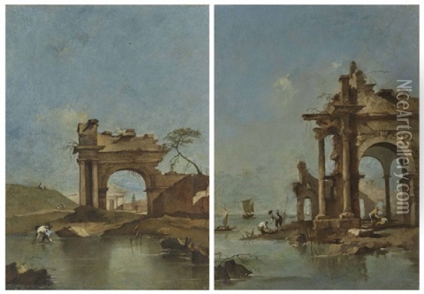 An Architectural Capriccio With Figures Fishing By Roman Ruins On A Shore; And A Ruined Arch By Water With A Temple Beyond Oil Painting - Francesco Guardi