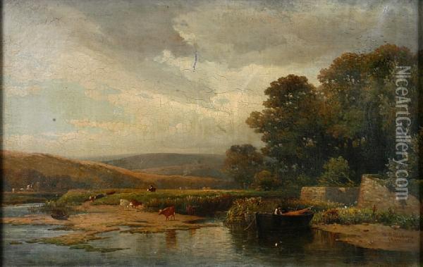 A Pastoral Landscape With Cattle Grazing On Ahillside Oil Painting - William Williams