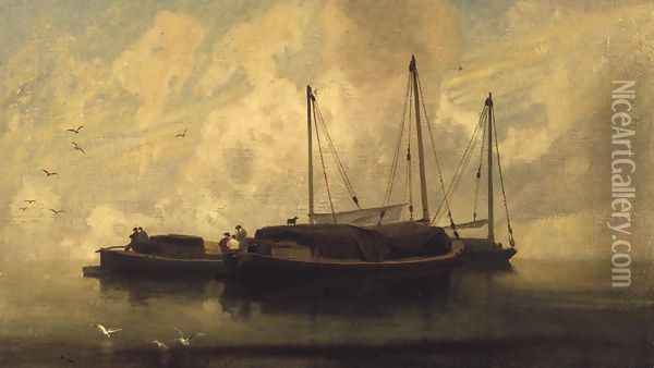 Boats at Anchor on Breydon Water, c.1810 Oil Painting - John Sell Cotman