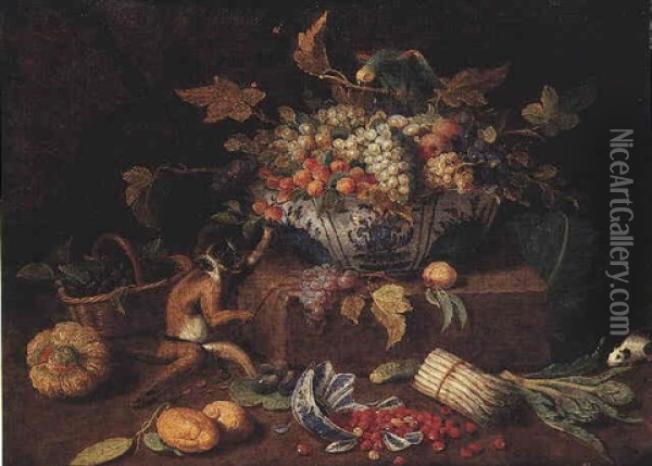 Nature Morte A La Coupe De Raisins, Perroquet Et Singe Oil Painting - Jan van Kessel the Elder