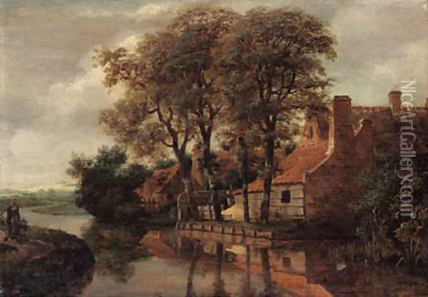 A river landscape with a mother and child on a path and a farmstead beyond Oil Painting - Meindert Hobbema