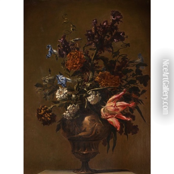 A Still Life Of Ipomoeas, Cirsium, Tulips, Carnations And Dog Roses Oil Painting - Mario Nuzzi
