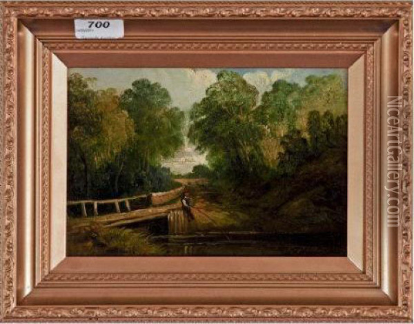 ' Boy Fishing By A Bridge ' Oil Painting - George Turner