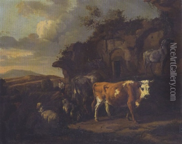 Antike Ruinen Vor Hugellandschaft Oil Painting - Dirk van Bergen
