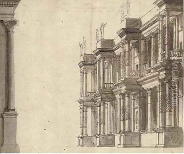 An architectural study of the facade of a Palazzo Oil Painting - Roman School