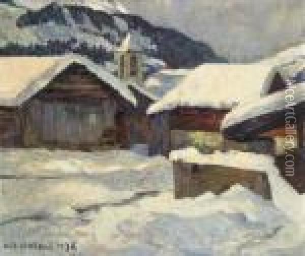 Winterliches Dorf. 1938. Oil Painting - Hans Beat Wieland