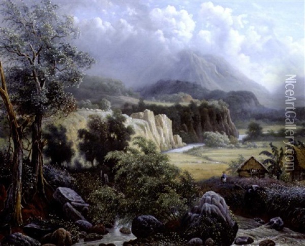 Changing Weather Conditions: A View Of The River Brantas Meandering Through The Highlands Near Batu, Java, With The Gunung Bromo And The Gunung Semeru In The Distance Oil Painting - Maurits Ernest Hugo R. van den Kerkhoff