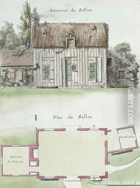 Exterior and floor plan of the living room of the Chateau de Chantilly, f.16 from the 'Atlas du Comte du Nord', 1784 Oil Painting - Chambe