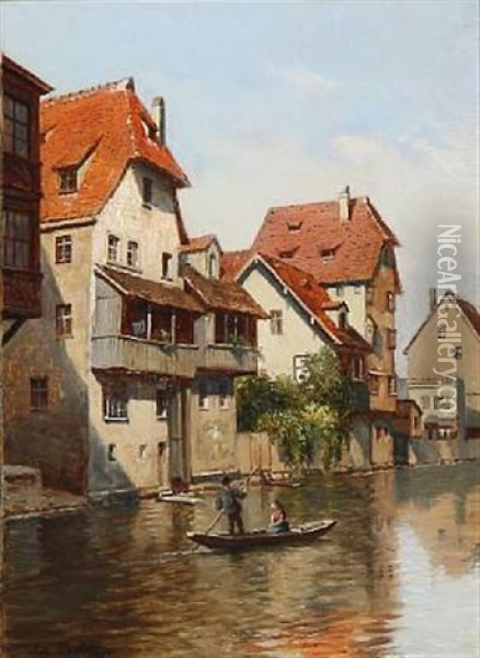 Kanalparti Ved Regnitzfloden, Nurnberg Oil Painting - August Fischer