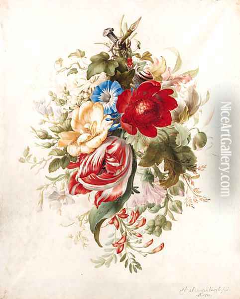 A spray of flowers, including a tulip, roses, poppies, morning glory, a hollyhock and ivy attached to a nail, with a snail and ants Oil Painting - Herman Henstenburgh