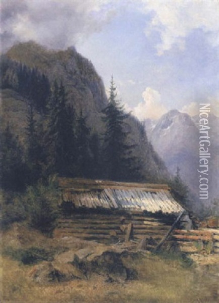 Almhutte Im Hochgebirge Oil Painting - Friedrich Gauermann