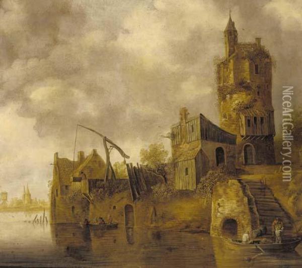 A River Landscape With Figures Unloading A Boat Before A Tower Oil Painting - Jan van Goyen
