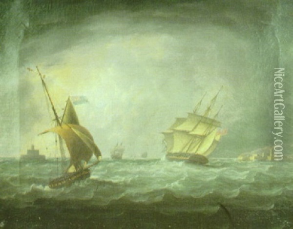 British Shipping Off A Coast Oil Painting - Thomas Buttersworth