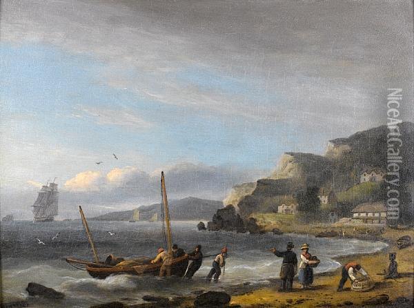 Hauling In The Lugger To Land The Catch Atbabbacombe Bay Oil Painting - Thomas Luny