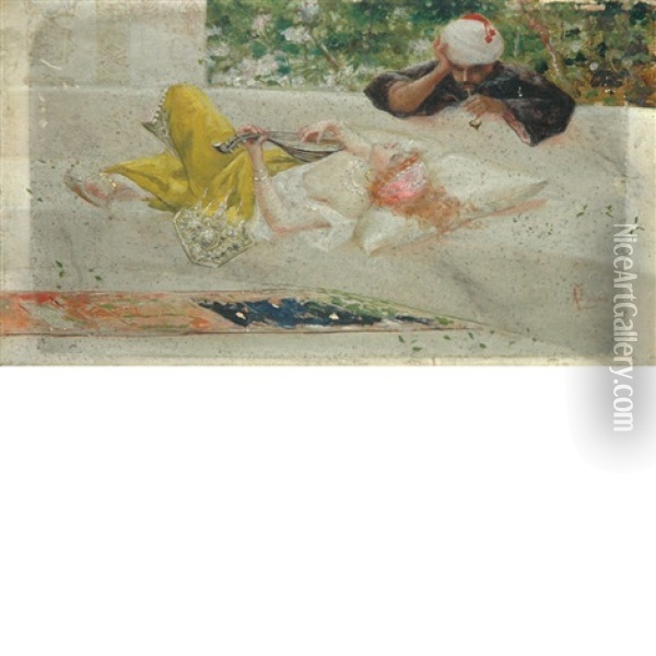 Harem (woman With Lute) (+ Harem (woman In Opium Den); 2 Works) Oil Painting - Antonio Rivas