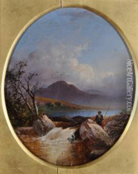 Fishermen Near A Mountain Lake Oil Painting - George W. Horlor