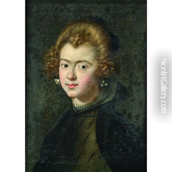 A Portrait Of A Lady In Black With Pearl Necklace And Earrings Oil Painting - Carlo Ceresa